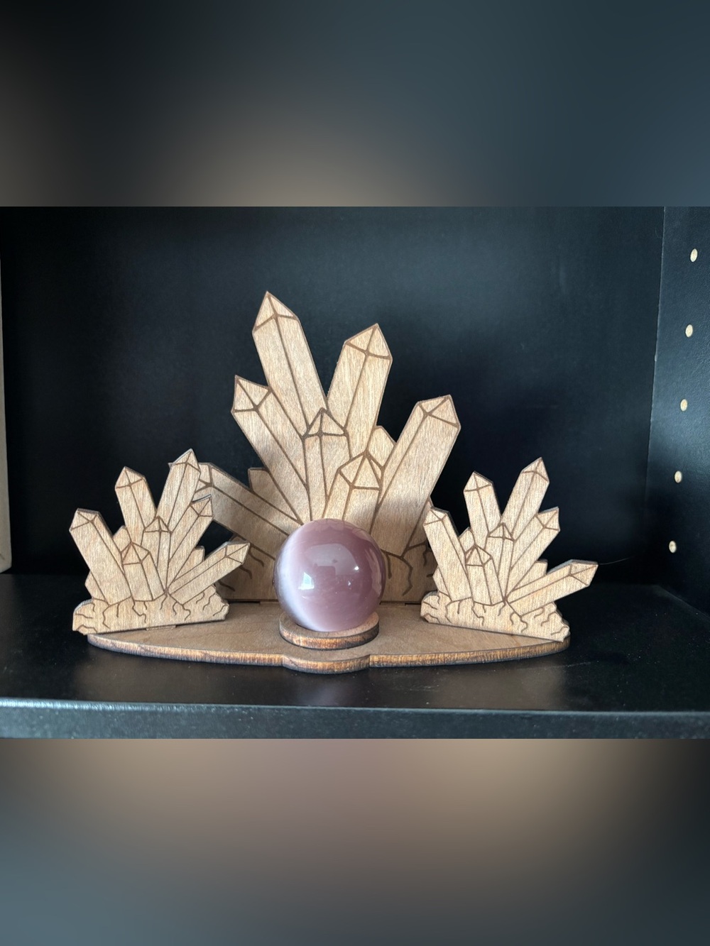Cat eye purple sphere with wood crystal stand